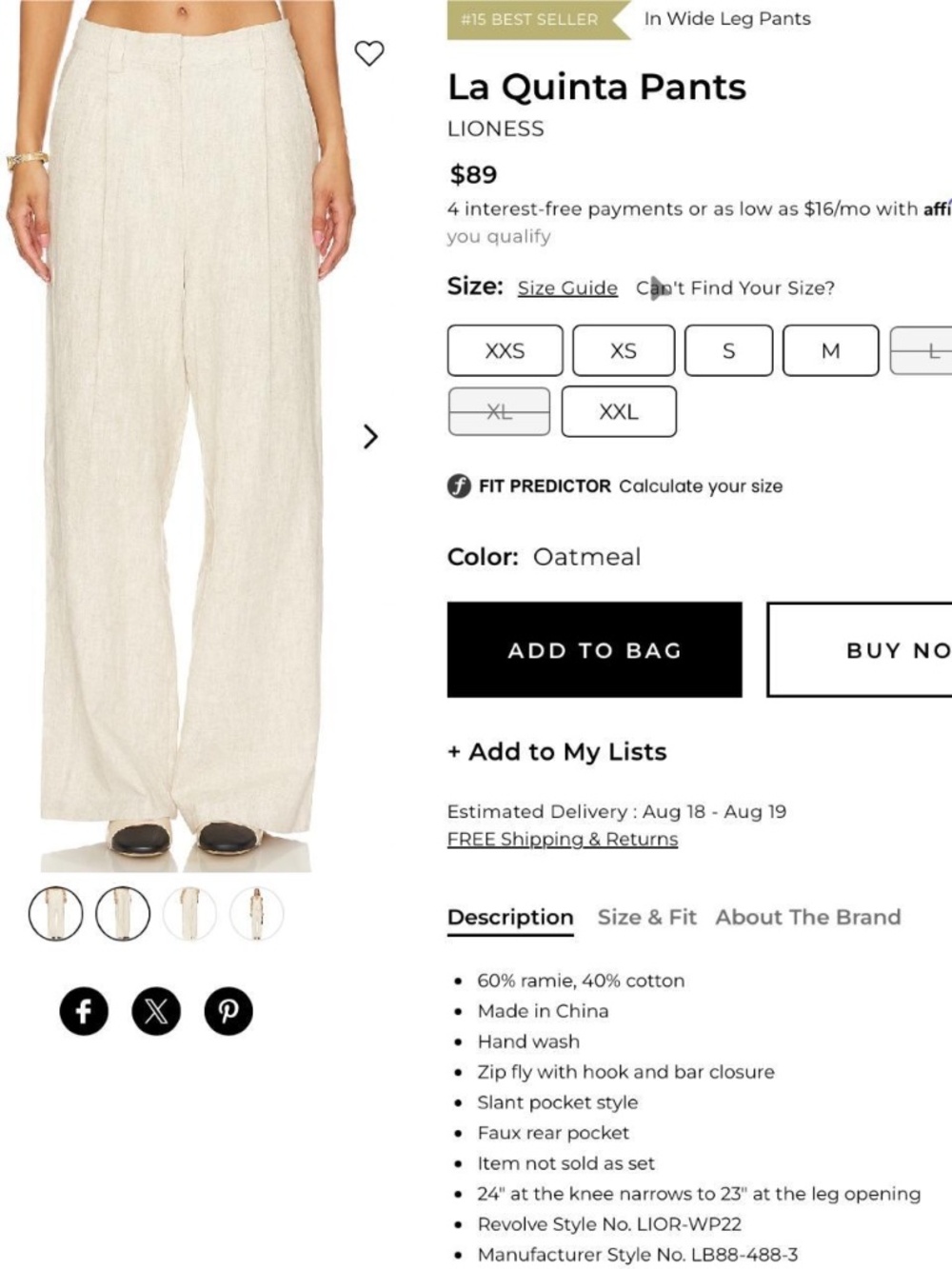 NWOT Lioness La Quinta Linen Pants in Cream